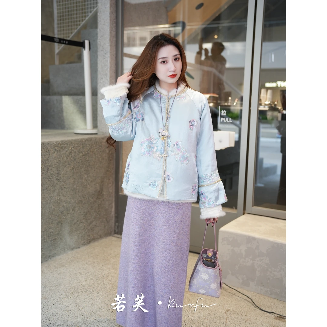 若芙｜【蝉不知雪】冬季矜贵减龄气质国风刺绣羽绒服外套上衣