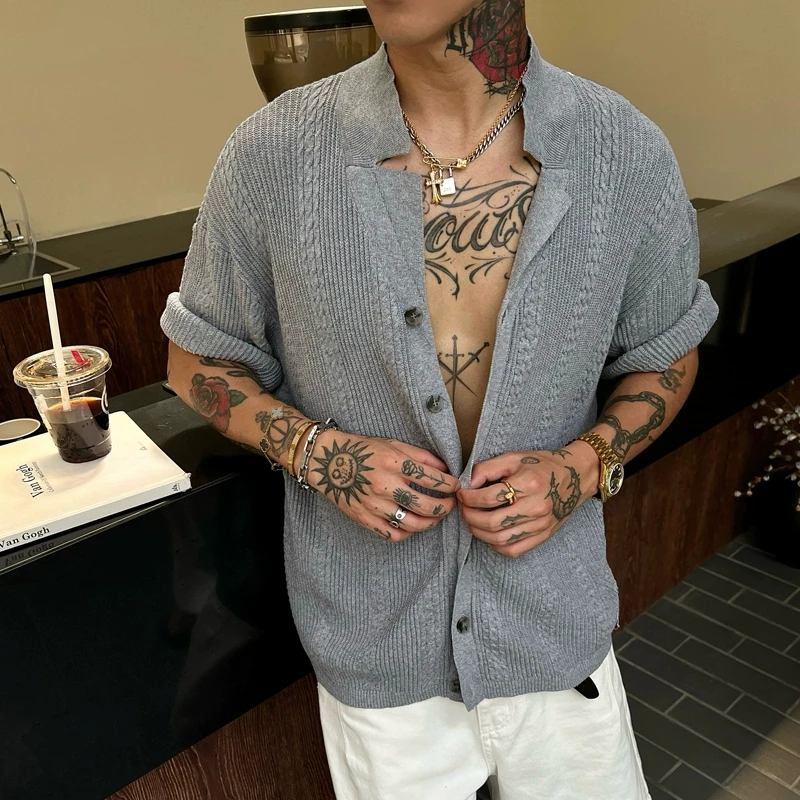 OXFREAK「编织绞花 老钱风」古巴领针织短袖衬衫男宽松高级感衬衣