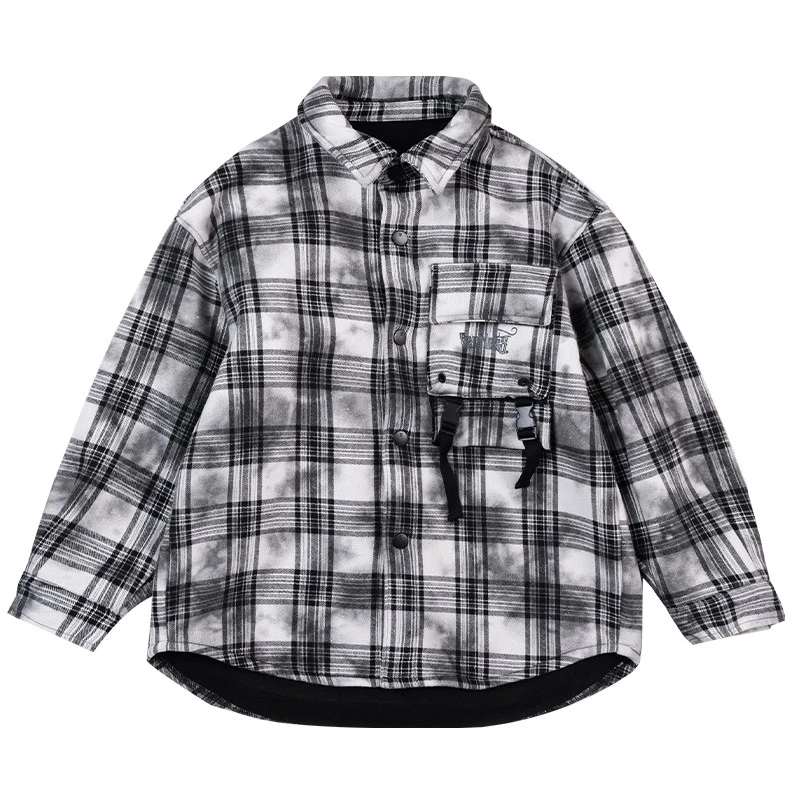Y7276男童加绒衬衫扎染黑白格子儿童摇粒一体绒衬衣