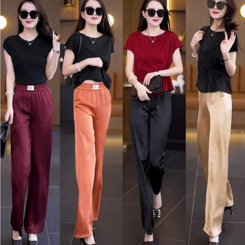 冰丝阔腿裤女夏新款直筒薄款休闲裤松紧腰显瘦长裤百搭外穿醋酸面