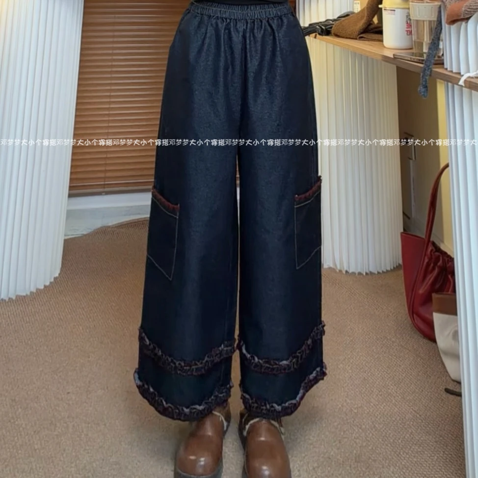 梦梦 “红线裤”秋冬牛仔复古风重工红色锁边高腰多口袋阔腿裤女