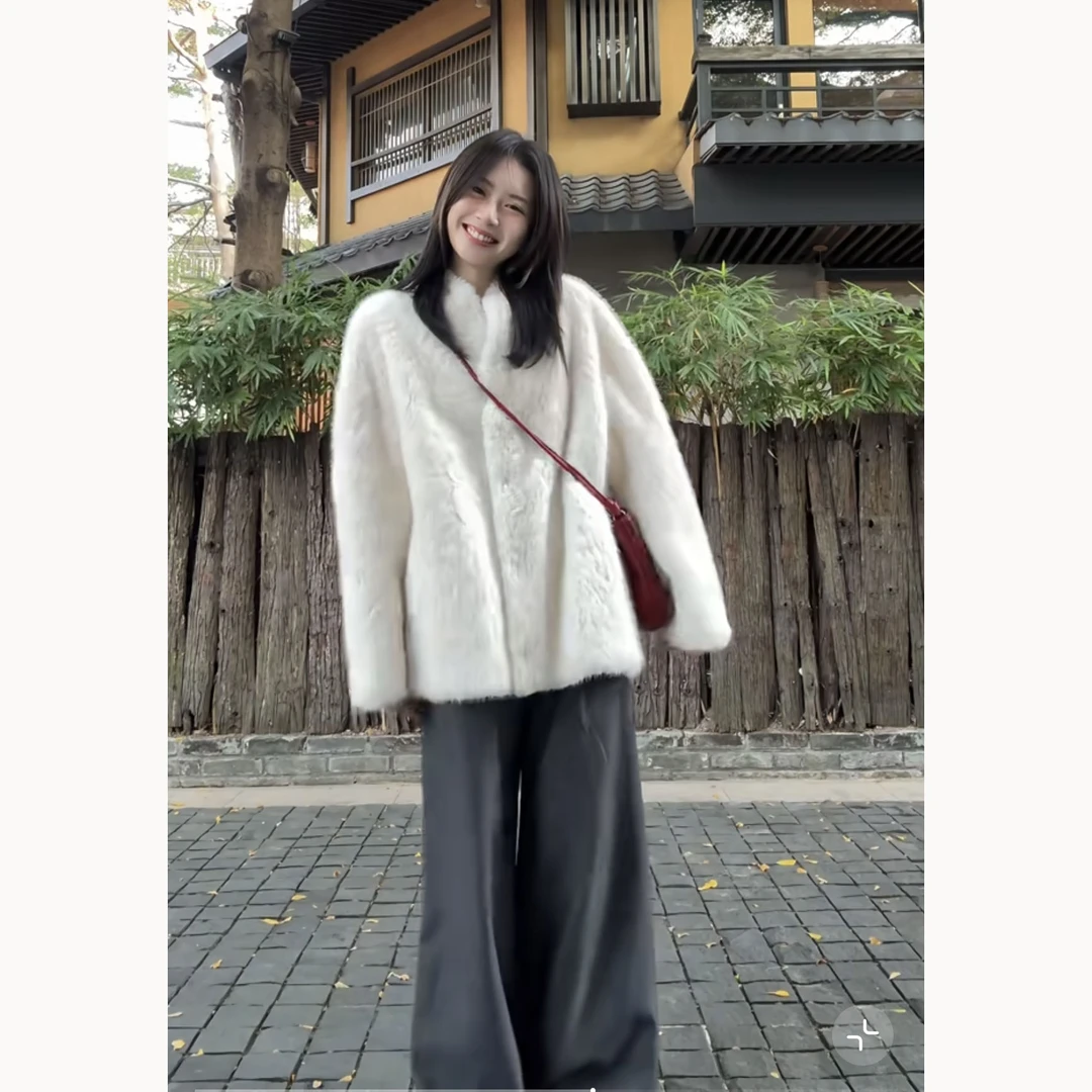 冬季一整套女装2025新款韩版宽松百搭毛毛外套高腰阔腿裤两件套装