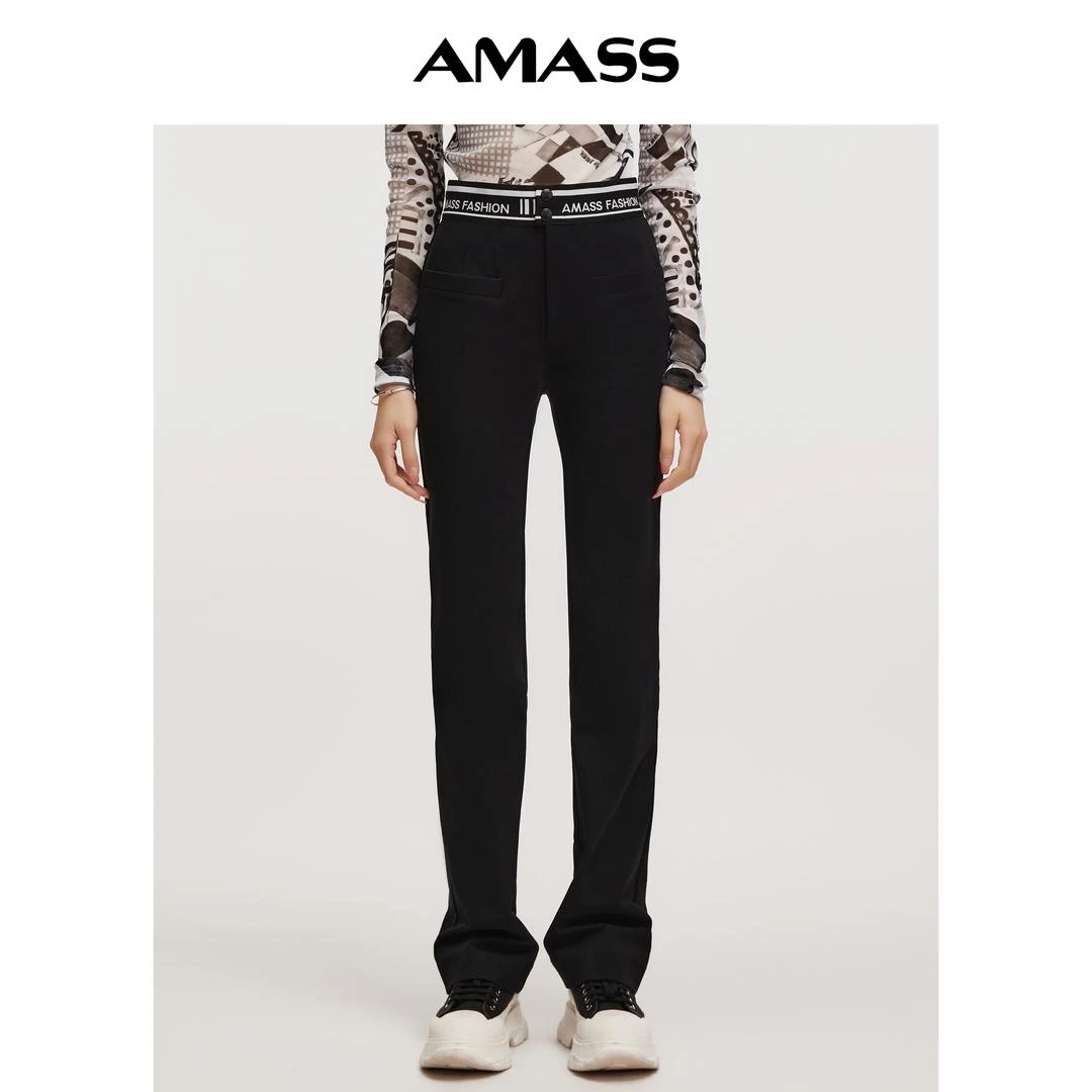 AMASS/阿玛施时尚字母织带四面弹高腰显瘦修身微喇裤女5100460