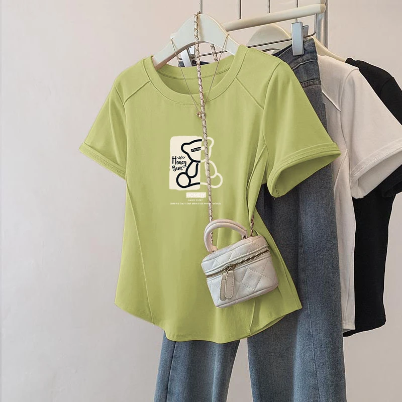 夏季新款短袖弧形下摆洋气百搭上衣女大码不规则设计圆领薄款T恤