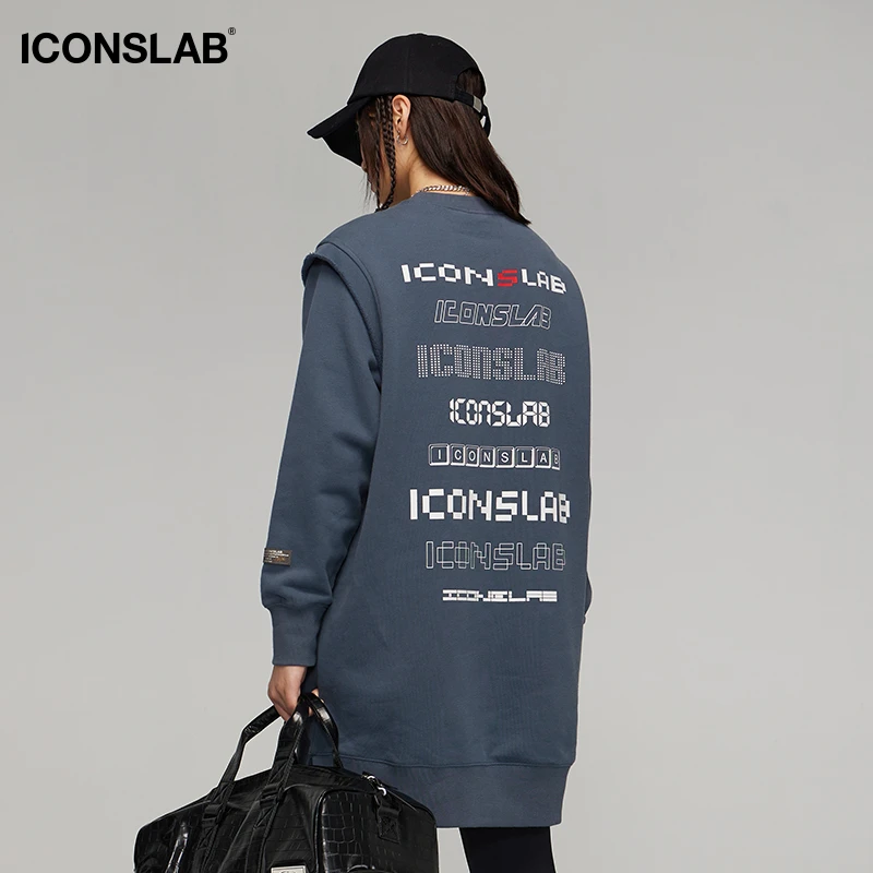 ICONSLAB 后背字符印花长款重磅加长卫衣小个子长袖男