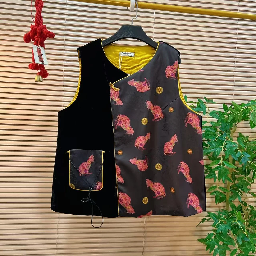 胖YY2025冬季新款新中式国风坎肩文艺别致复古印花拼接加棉马甲