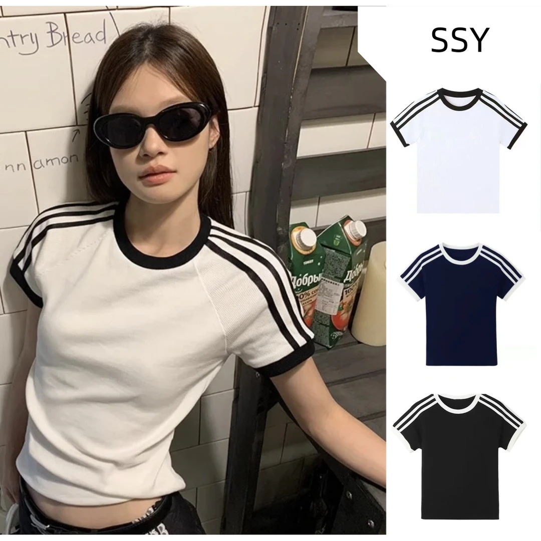 Jenny三条杠同款修身型时尚短袖运动风夏季百搭极简风圆领T恤韩版