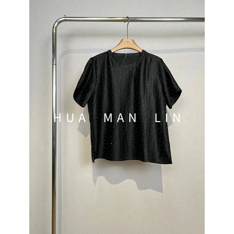 【花满林】‘满天星系列’圆领烫钻龟裂纹香云纱桑蚕丝上衣259284