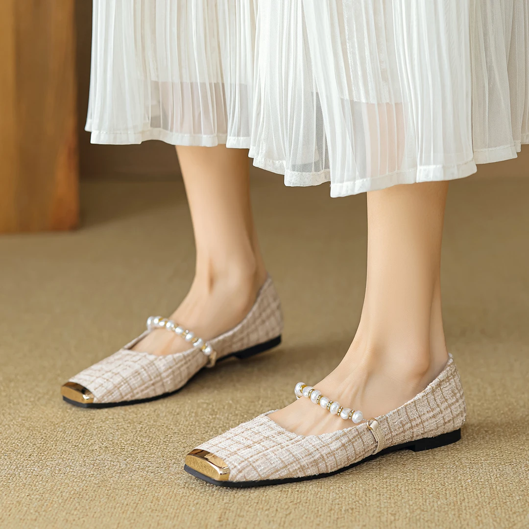威威女郎7681-5方头单鞋女平底珍珠小香风豆豆鞋浅口软底通勤鞋