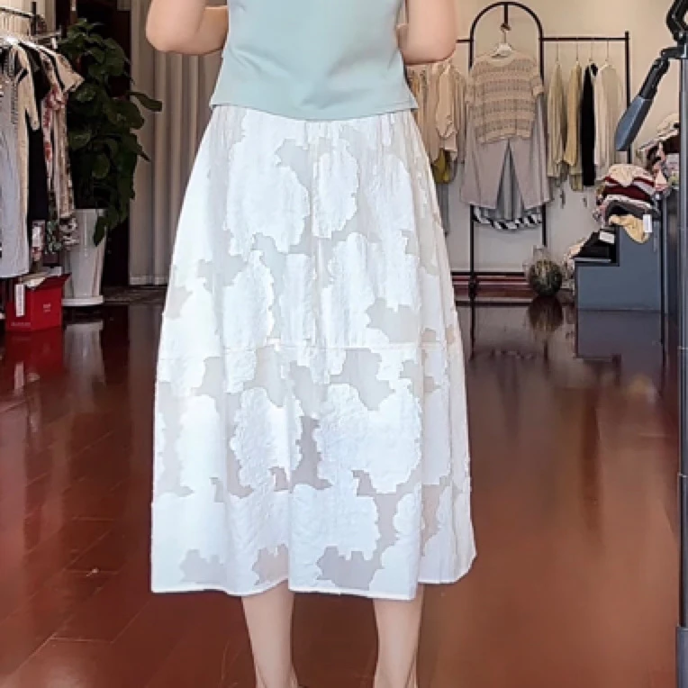 【葛行长定制】夏季女士烧花工艺松紧腰显瘦半身裙半裙女裙子