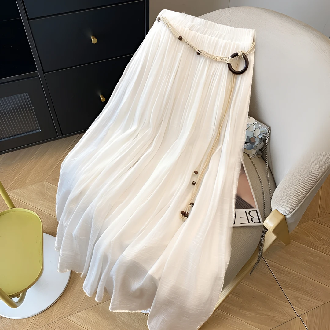 波西米亚风白色百褶半身裙女夏2025新款法式高腰垂感棉麻a字伞裙
