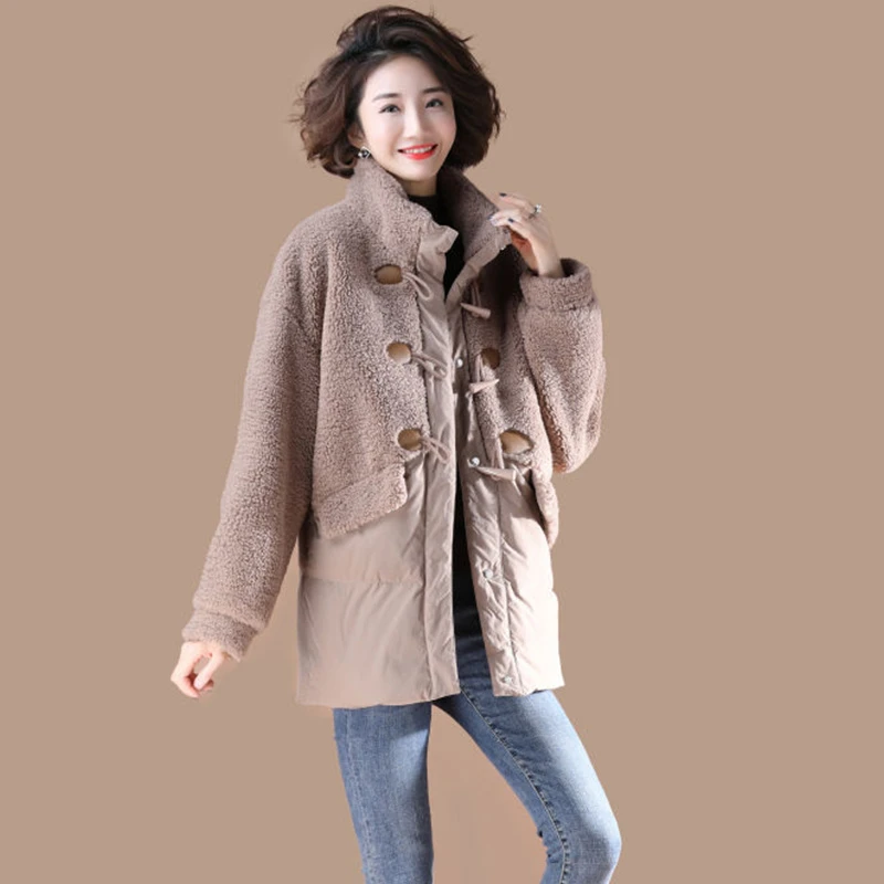 衣品乐原创大码外套女冬季新款羊羔毛拼接羽绒服女X589