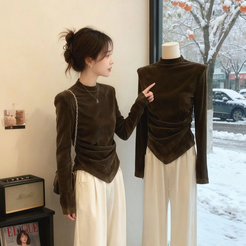 有垫肩气质半高领丝绒长袖t恤女秋冬季打底衫内搭显瘦可外穿上衣