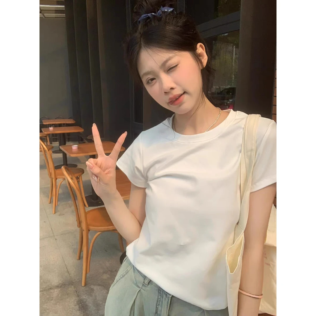 【92%棉8氨纶】新款夏季时尚纯色圆领正肩短袖宽松百搭女士T恤