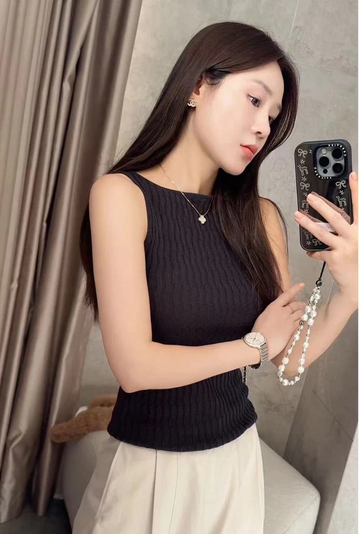 Mei Jin 法式复古天丝羊毛一字领显瘦针织背心