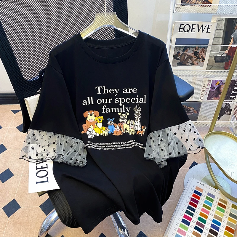 网纱拼接波点短袖T恤女夏季小个子宽松减龄韩版独特超好看上印花