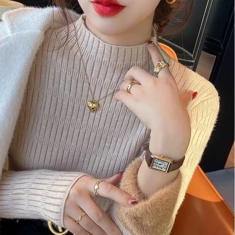 冬季百搭时尚显瘦气质大码针织加绒打底衫