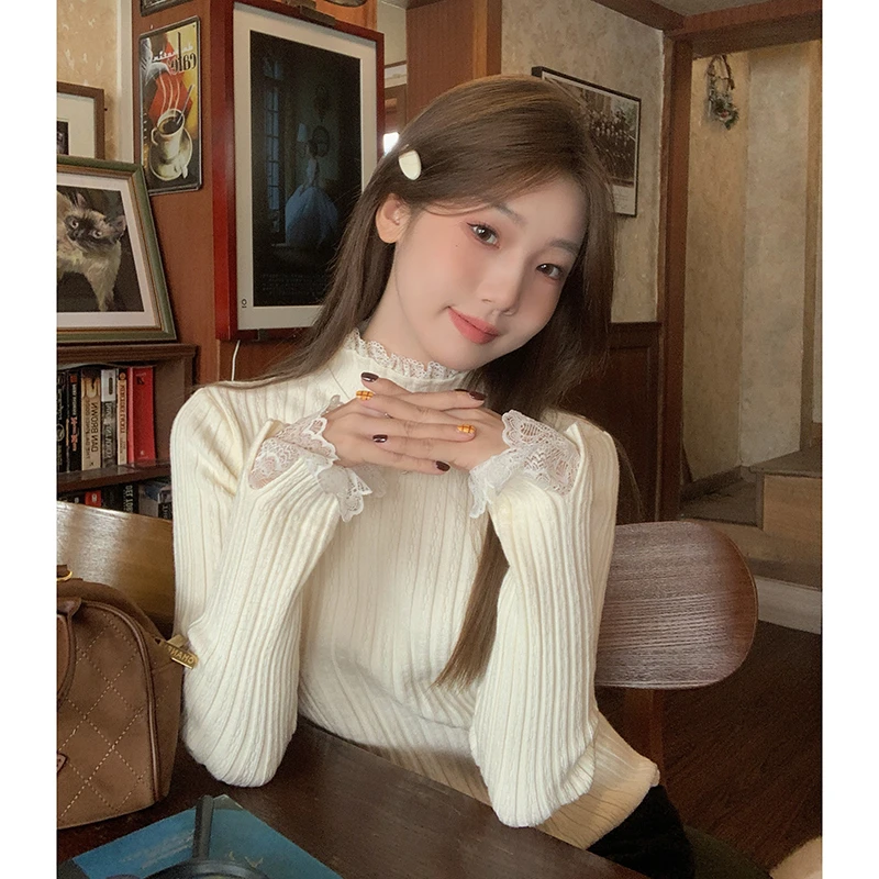 半高领蕾丝拼接打底衫女白色内搭针织毛衣秋冬新款洋气百搭上衣