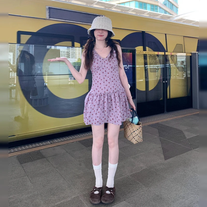 【现货+运贴5米】紫色碎花吊带连衣裙子女早秋高级感v领收腰短裙