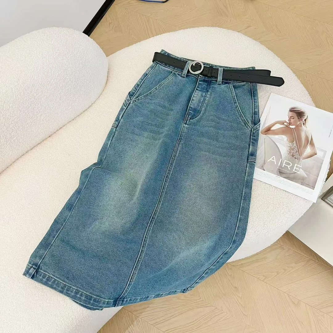 【豆子推荐】26876 春季开叉牛仔半身裙时尚百搭A字裙子纯色
