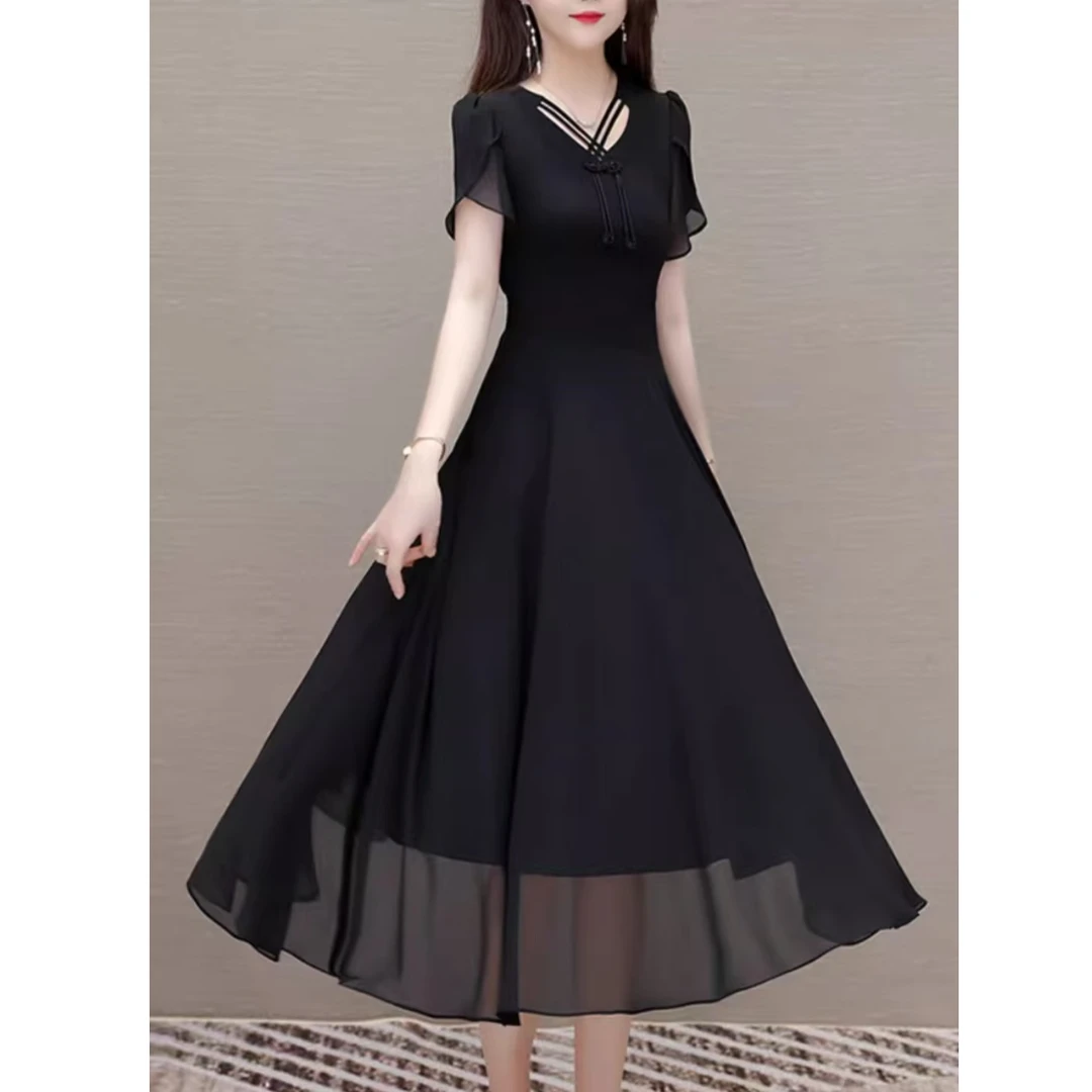 H835 短袖气质时尚夏季洋气复古显瘦收腰中长款