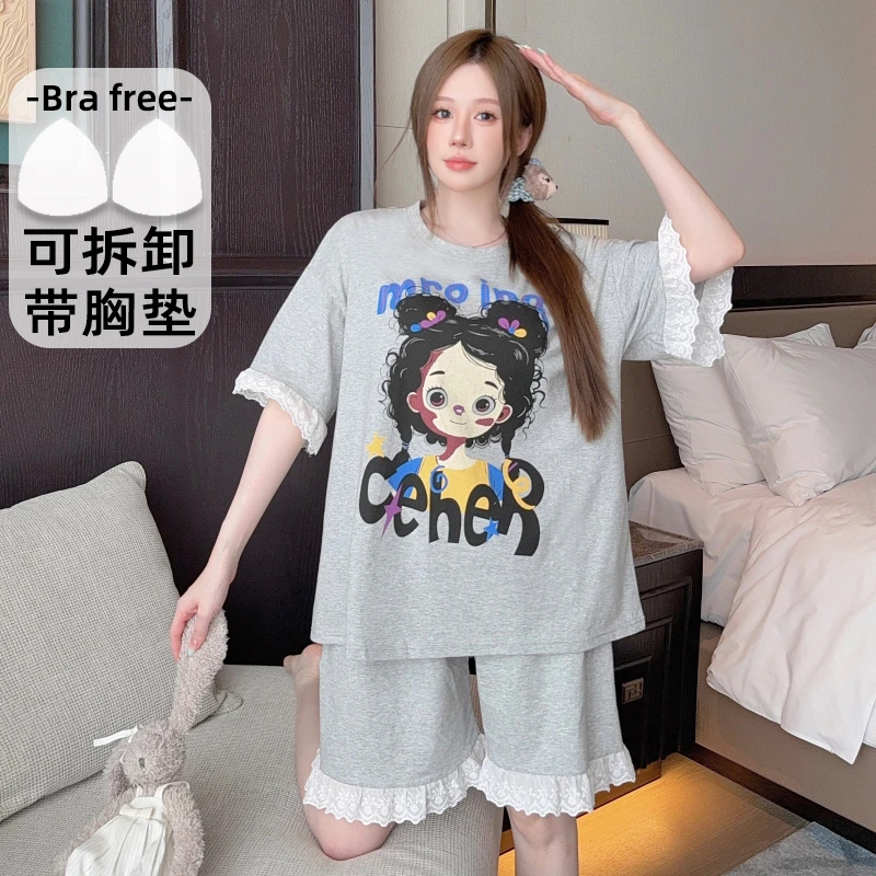 带胸垫短袖睡衣套装女生夏季纯棉加肥加大2025新款家居服甜美少女