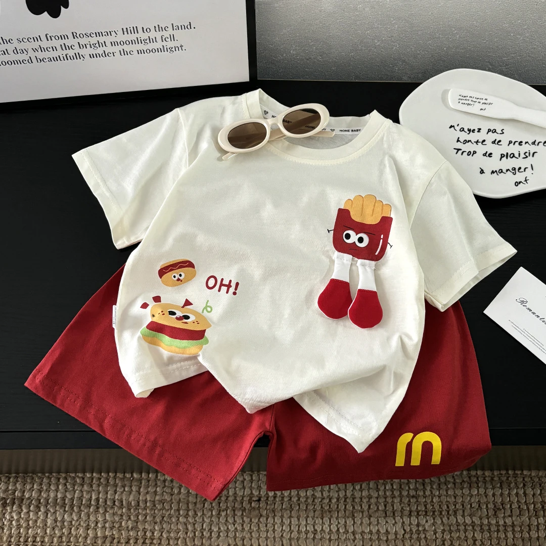 [直播同价】2025夏季儿童短袖套装新款男女童休闲韩版卡通立体玩偶