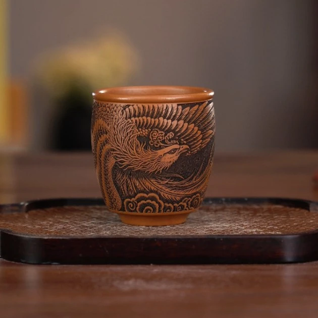 9248 宜兴紫砂茶具黄金朱泥泥料刻绘凤鸣主人杯 160cc左右