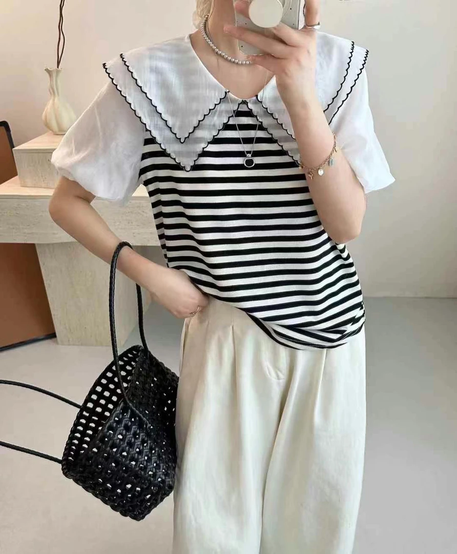 25063 夏季显瘦娃娃领时尚气质设计感百搭T恤