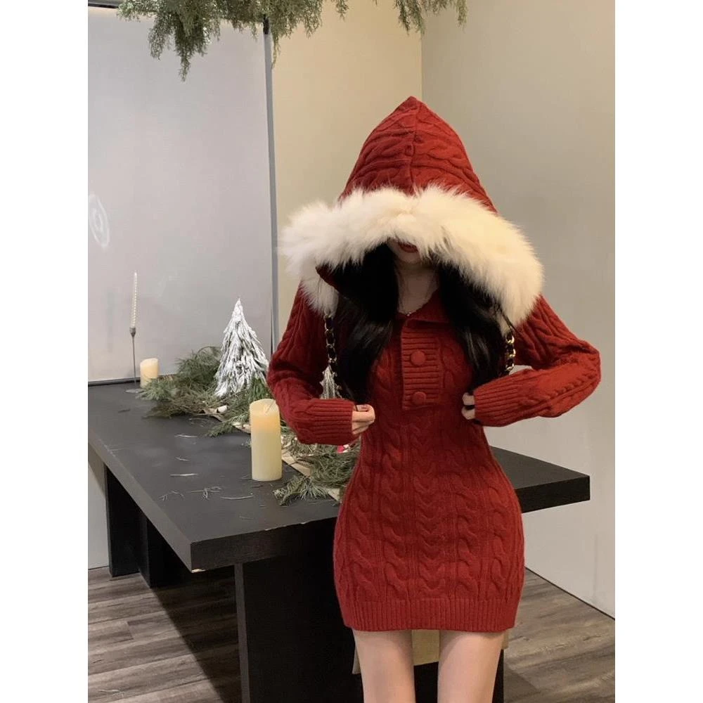 圣诞性感跨年战袍连衣裙女秋冬连帽毛领长袖麻花红色包臀短裙子潮