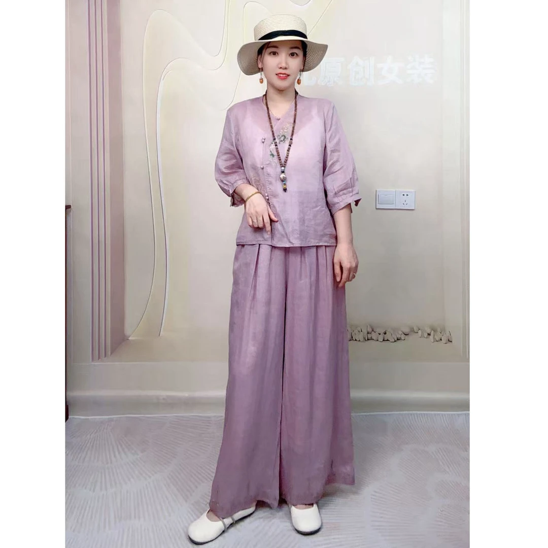 雪儿 新中式100支苎麻衬衫复古绣花禅意茶服宽松上衣1558