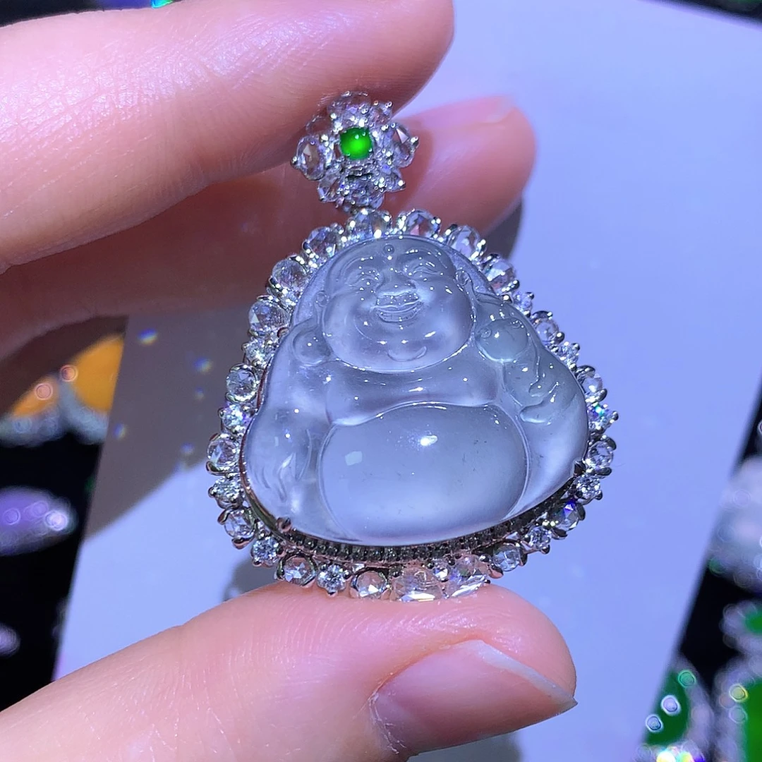 翡翠18K金镶嵌颈饰玻璃种不封底佛公