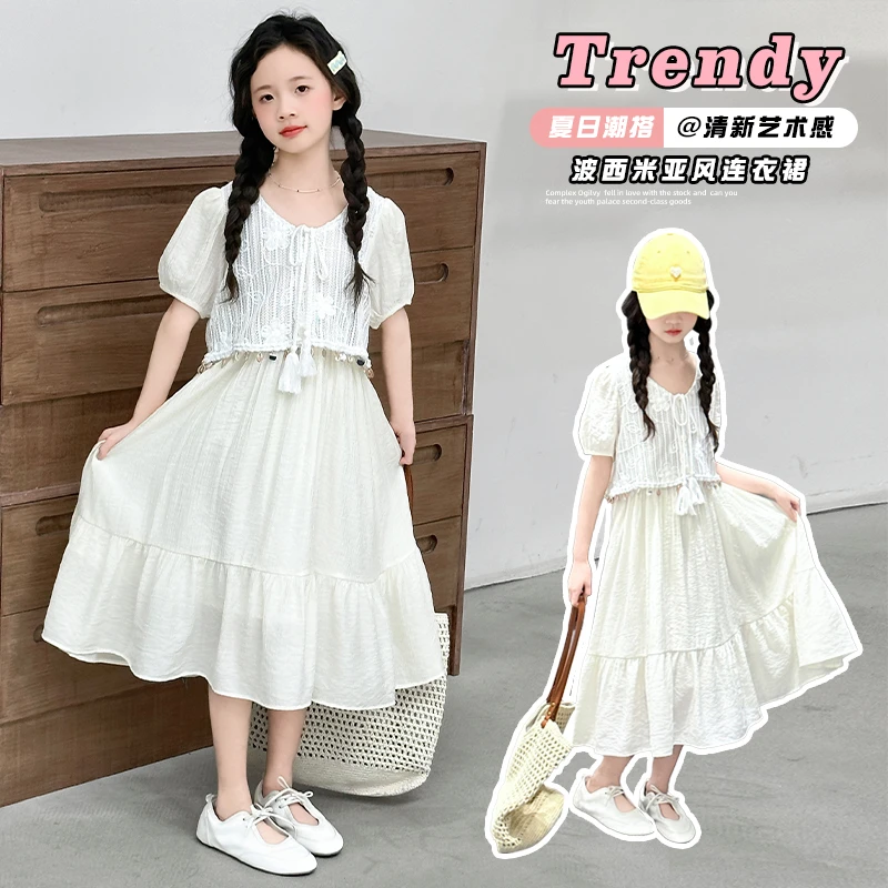 女童夏季波西米亚风米白色甜美泡泡袖公主裙出游度假长裙夏日时尚