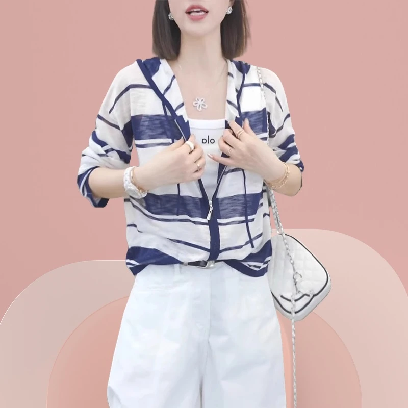 藏青色条纹连帽超薄帽衫针织防晒衣外穿女夏季休闲百搭空调衫上衣