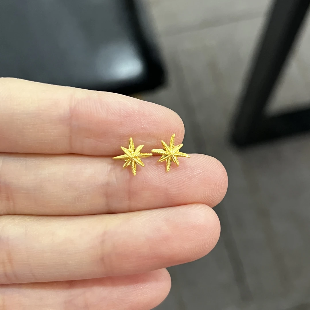 绕线八芒星耳钉 直针款 足金999