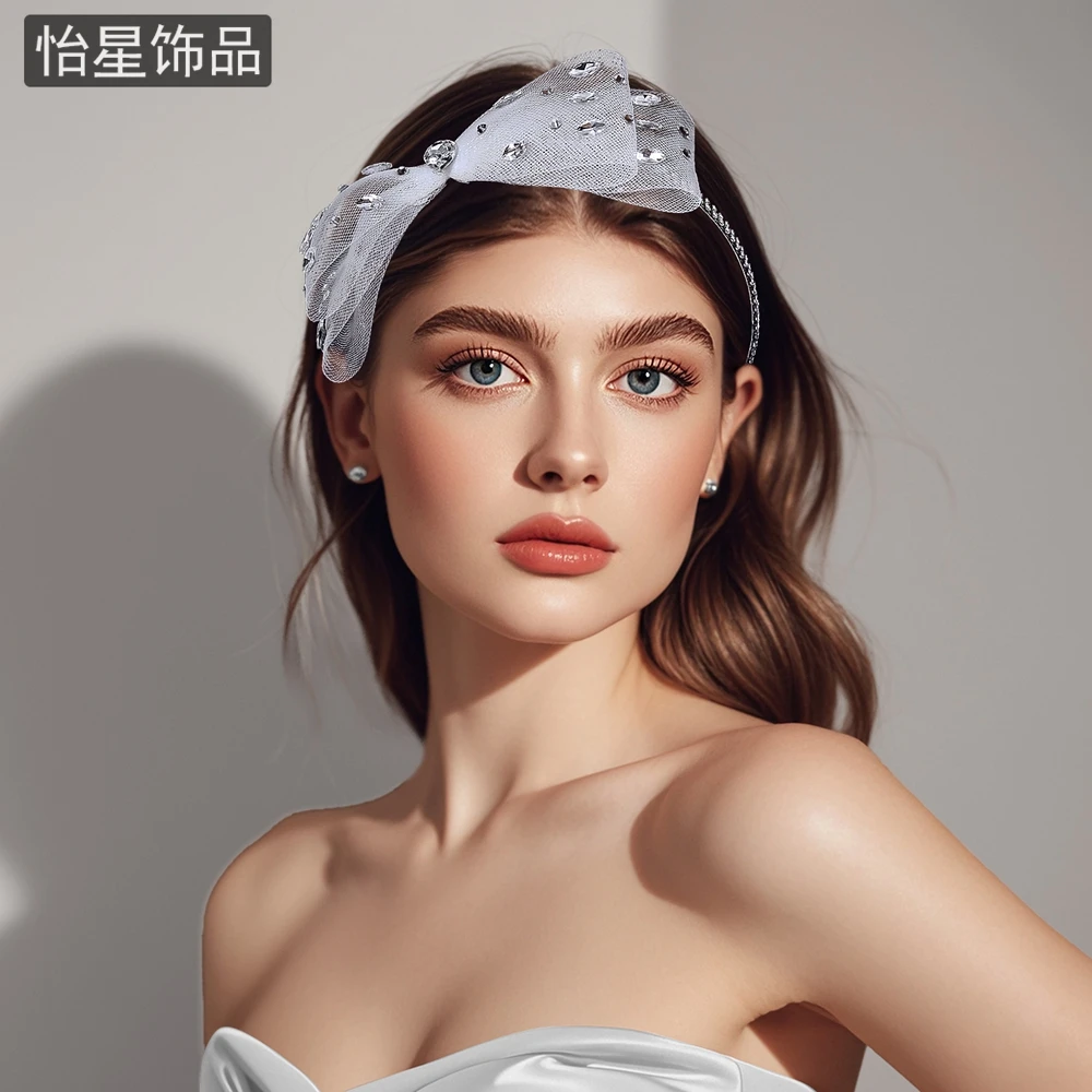 怡星 手工镶钻蝴蝶结发箍甜美少女气质网纱头饰简约舞会发饰A38