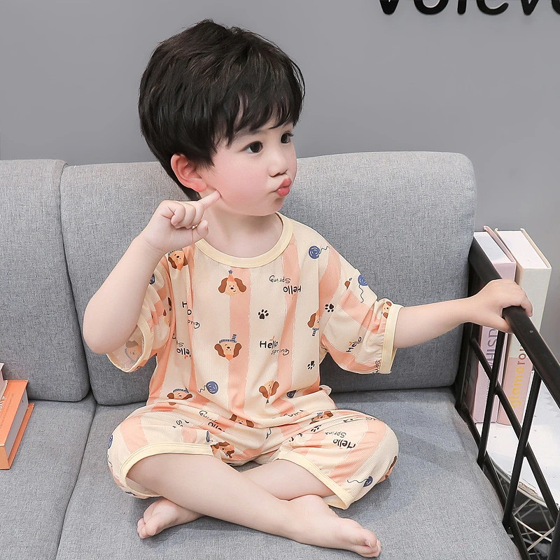 儿童睡衣夏季薄款冰丝男童空调服小男孩七分袖套装宝宝家居服夏装