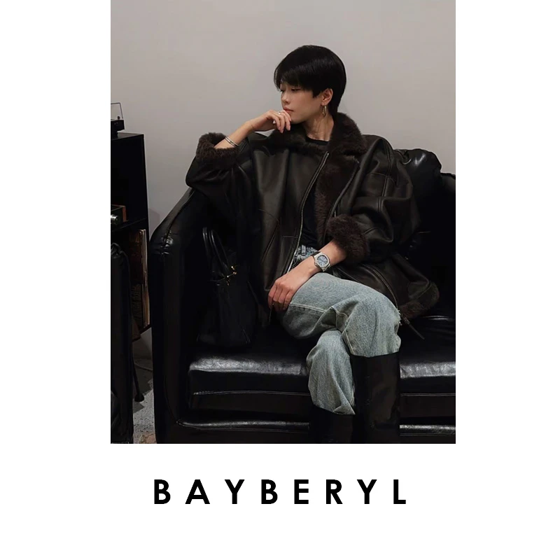 BAYBERYL老贝机车*拉贡翻领休闲25秋一体皮衣PY5F1102-6/15