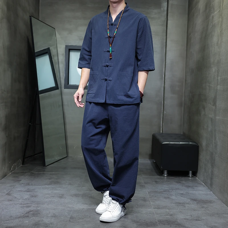 棉麻唐装汉服短袖套装两件套中式国风父亲中国风男士唐装套装