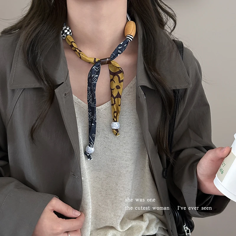 非金属布艺项链 时髦设计感串珠拼接可调节项链女挂脖丝巾锁骨链