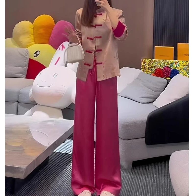 粉色新中式国风时尚套装女轻奢高级感盘扣开衫长裤春装搭配一整套