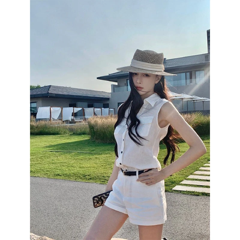 夏季度假风休闲百搭时髦洋气设计感polo无袖衬衫上衣高腰短裤套装