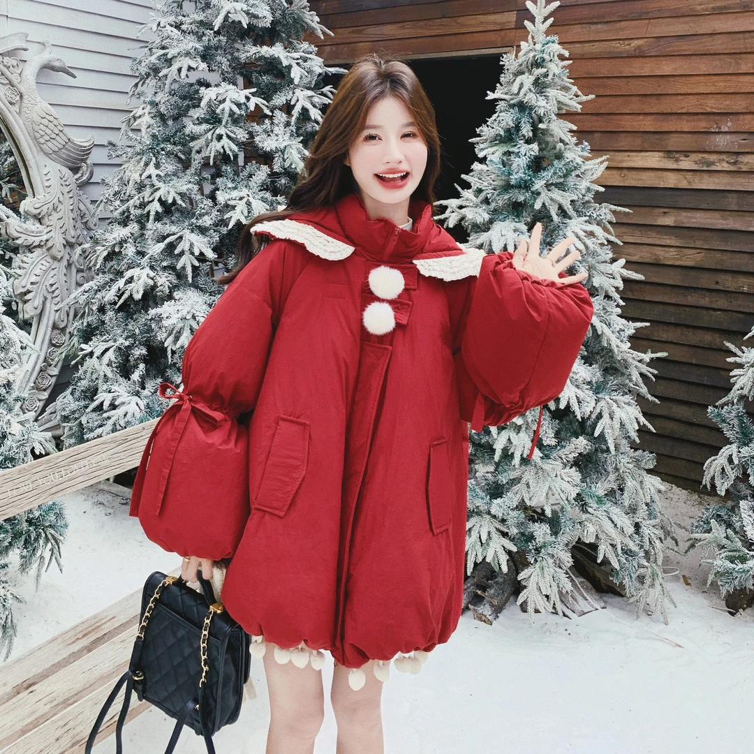 新年红设计感连帽羽绒服女2025冬新款韩系俏皮减龄巨洋气90绒外套