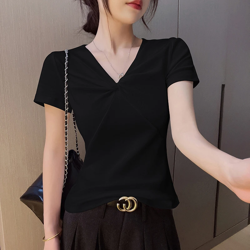 【专柜正品】时尚V领扭结T恤女装2025夏季洋气修身显瘦百搭短袖上衣
