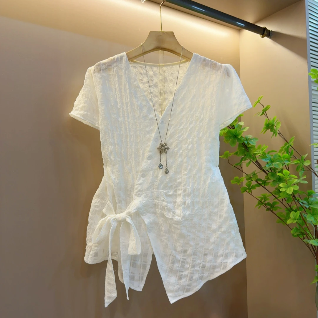 气质时尚宽松百搭大码气质V领系绳设计感夏季上衣（衣长63左右）