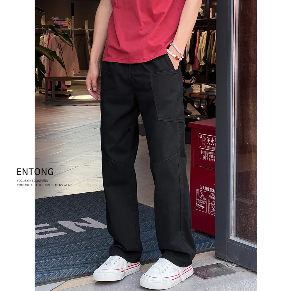 Entong美式复古高街cleanfit黑色宽松直筒休闲裤简约百搭潮流长裤