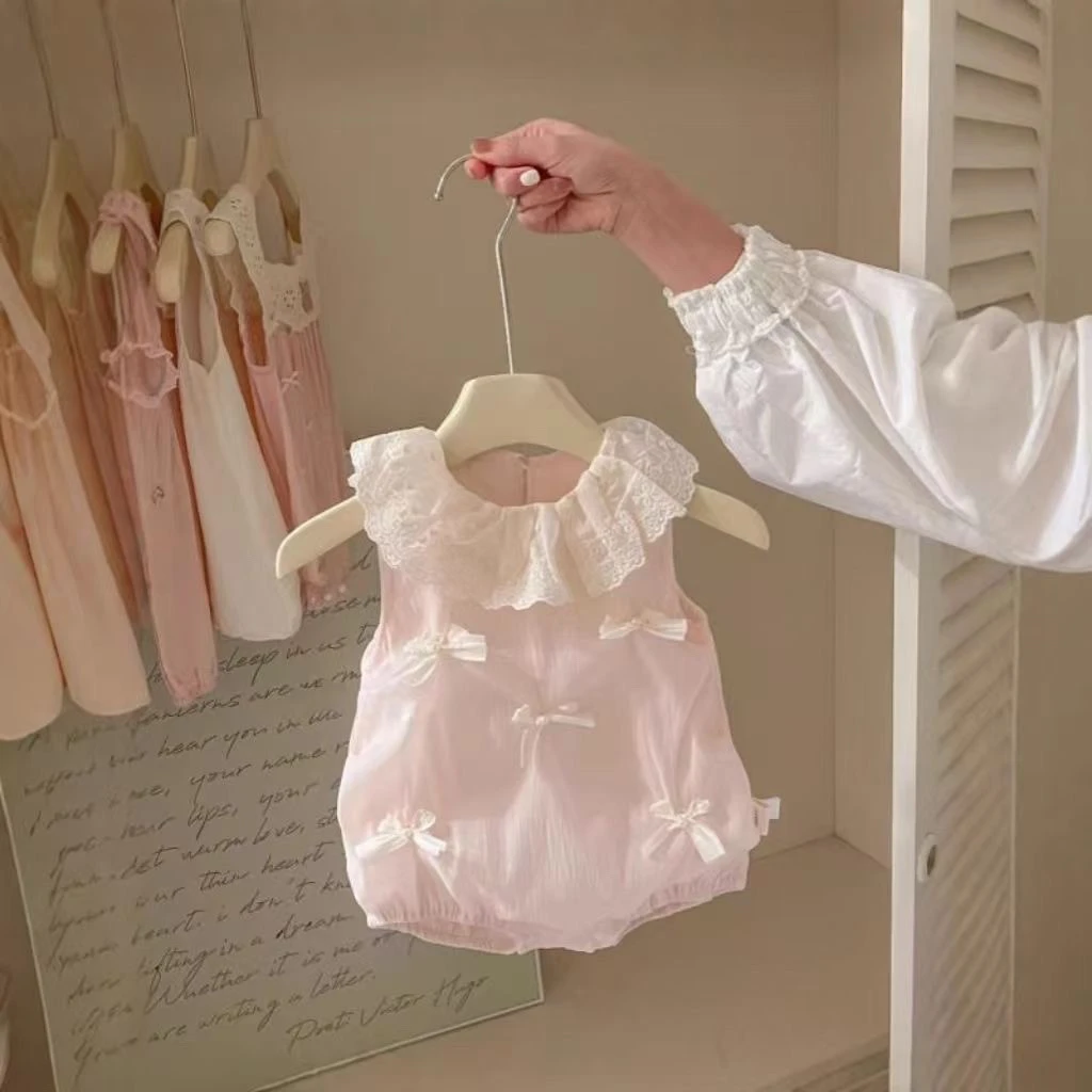 2025夏季新款女宝宝花边领薄款女童无袖蝴蝶结包屁衣