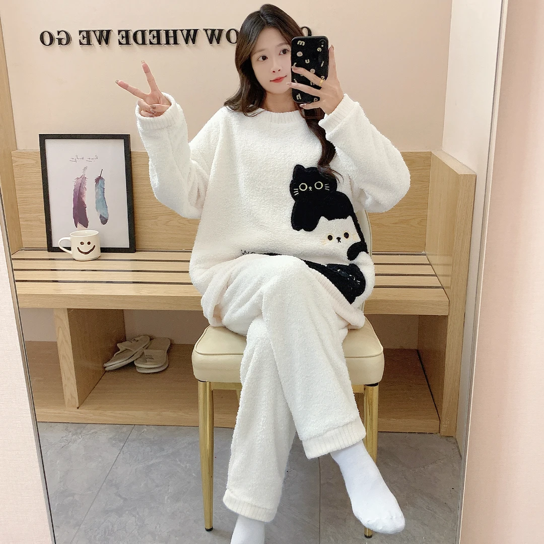 半边绒秋冬季睡衣女长袖长裤可爱卡通冬季珊瑚绒保暖款家居服套装