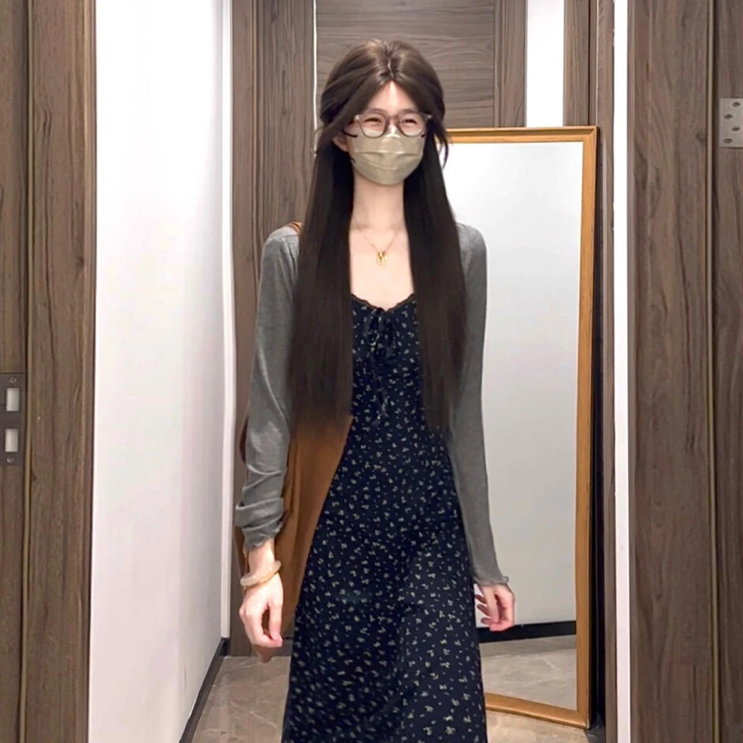 2025新款法式碎花吊带连衣裙子女早秋季小个子巨好看气质长裙套装