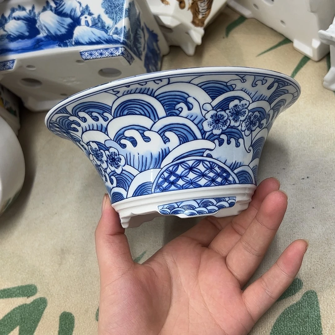 紫砂花盆843号瑕疵17/7cm仿手绘海浪花纹